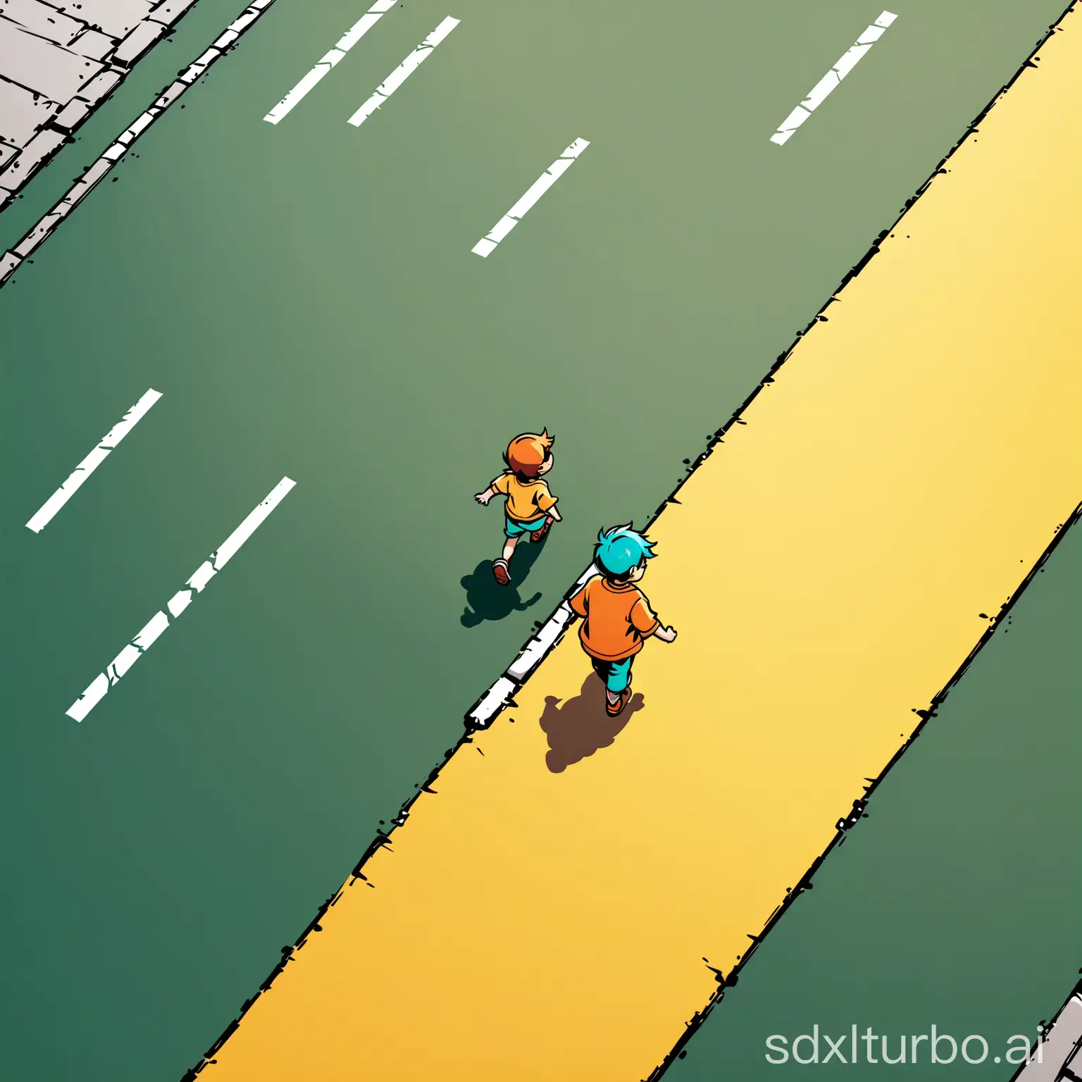 Create an animated, angry child walking along the street, with a simple background, and ensure the image includes three distinct color contrasts and a harmony that accentuates the colors. aerial view.