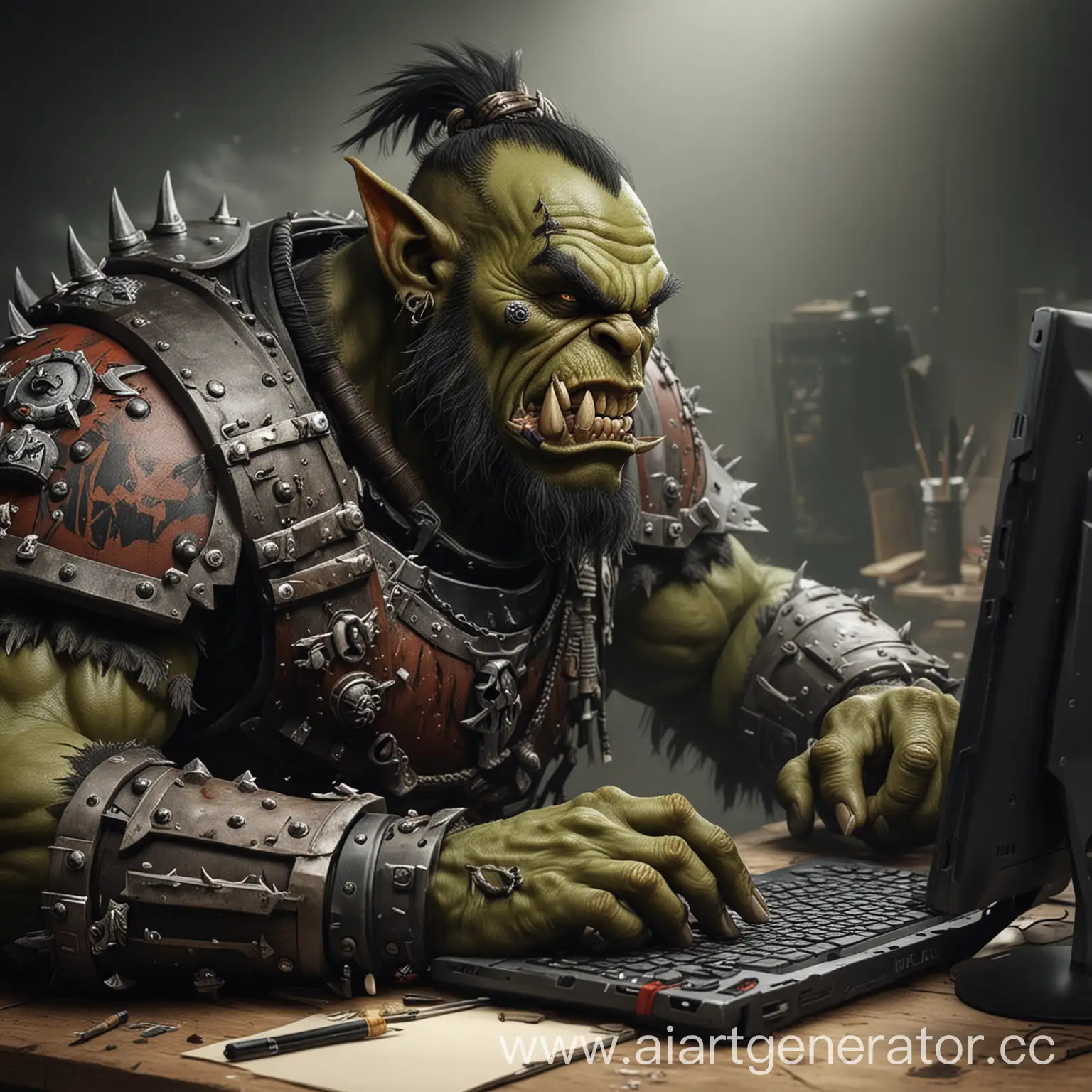 орк-художник из Warhammer 40kрисует на графическом планшете за компьютером