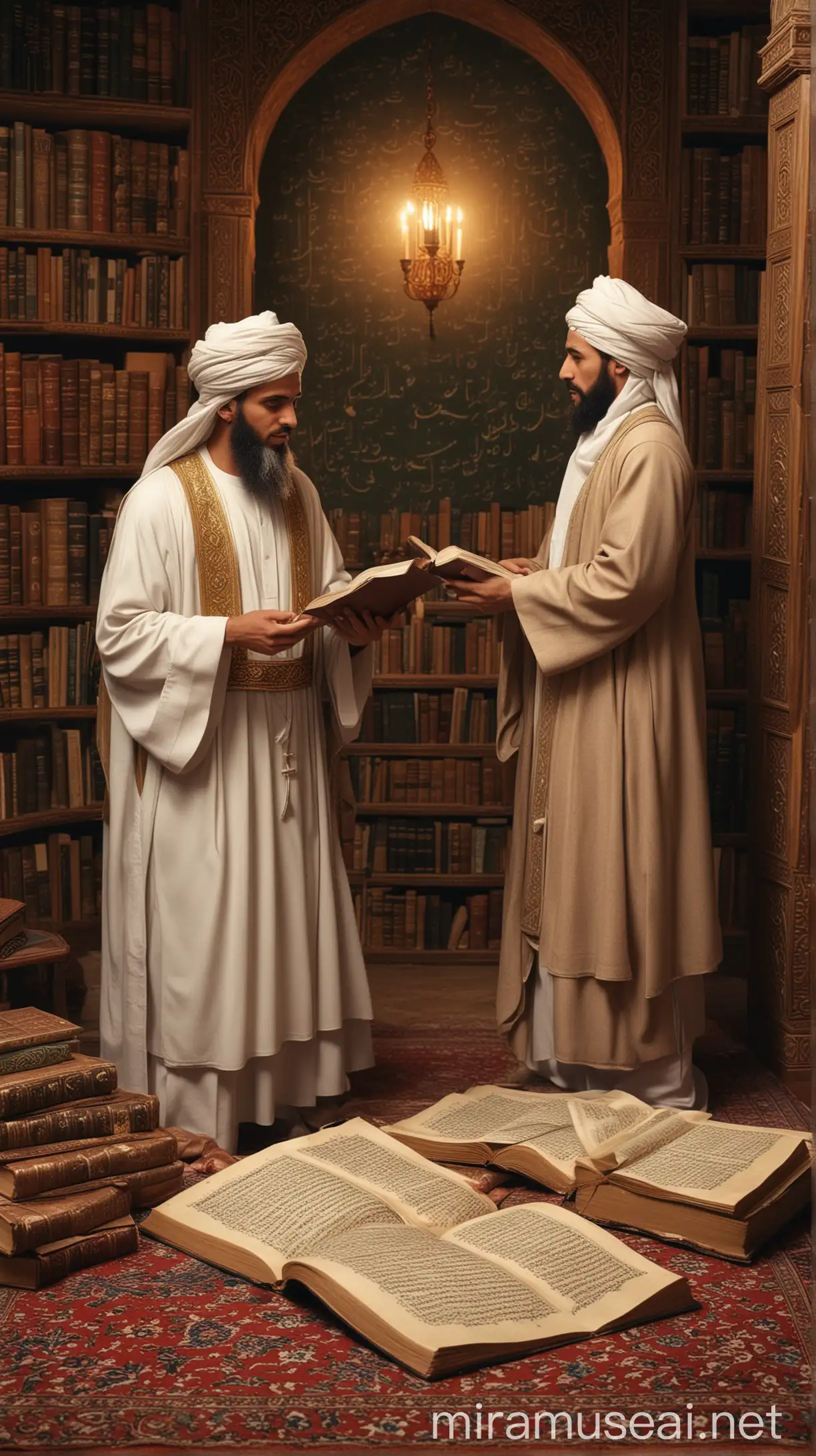 Prophet Muhammad and Abu Bakr in discussion: Depict a scene of Prophet Muhammad and Abu Bakr engaged in deep conversation, symbolizing their close companionship and the strengthening of their bond through the marriage.
Aisha's scholarly pursuits: Showcase Aisha surrounded by books and scrolls, with islamic era HD and 4K