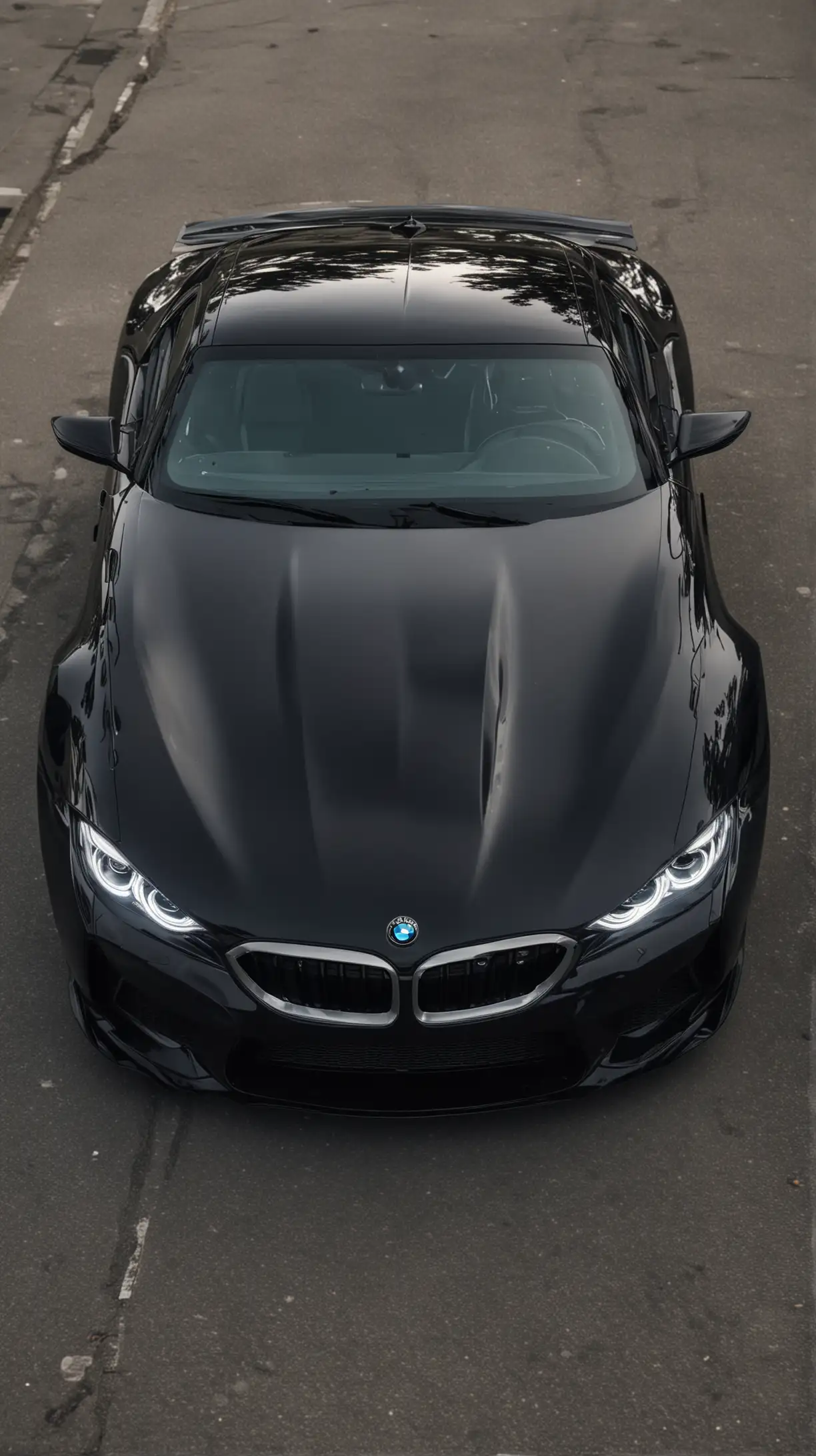 Black BMW super sports car with headlights on, front view