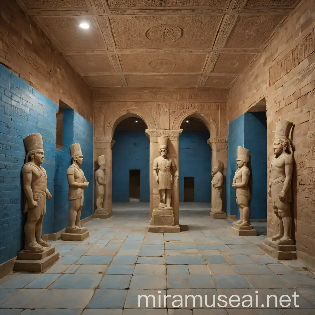 interior, night, square show hall ,people standing in the hall, Achaemenid style , stone Achaemenid soldiee statues, perspolis palace architecture, Achaemenid engraving on the wall, Embossed wall carvings, dark orange brick wall material, blue and white floor tile, Statue of King in the middle, persian architecture, Achaemenid statues in the middle, closed ceiling, stone column head around the place, 