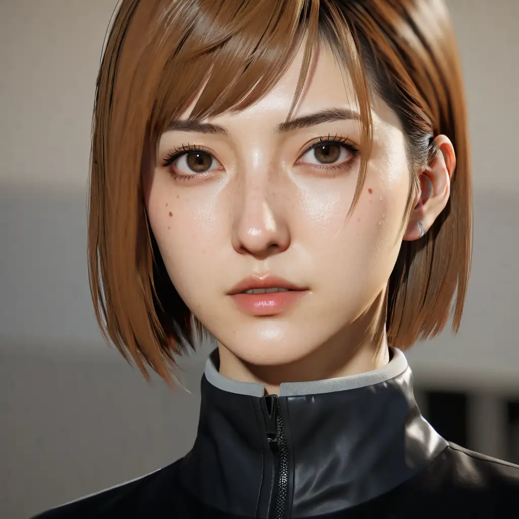 female Nobara Kugisaki , light brown hair, punched and deformed right side of face, hyper detailed , 8k, extra realistic, hype realistic, focused, high details, unreal engine 5, cinematic