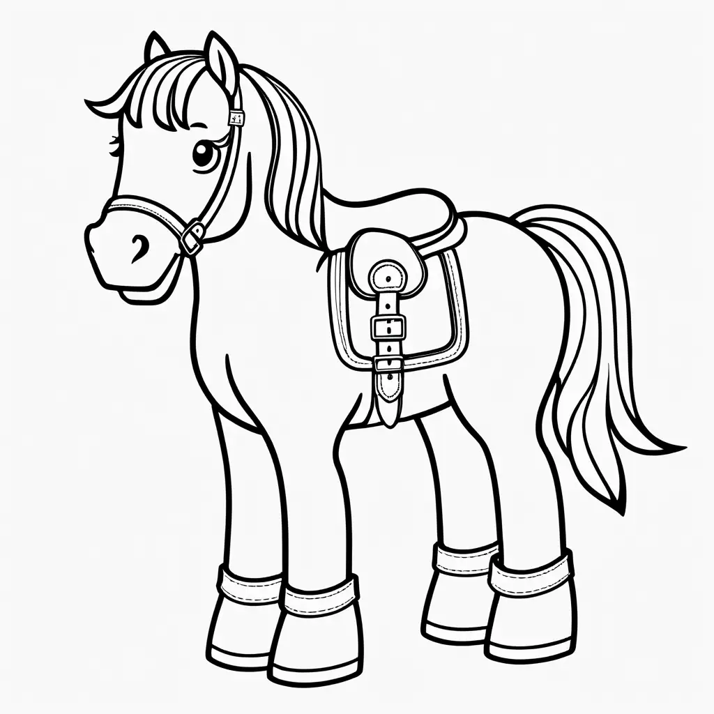 Very easy coloring page for 3 years old toddler. Smile horse with saddle. Without shadows. Thick black outline, without colors and big  details. White background.