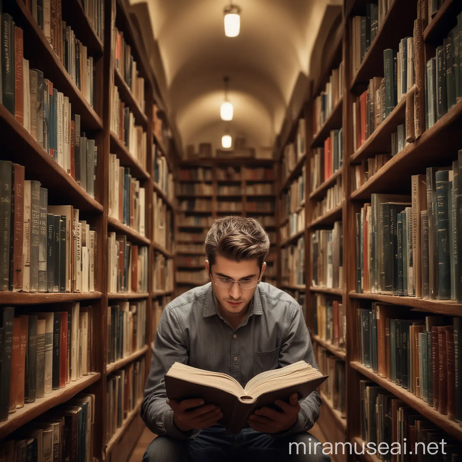create an image of a reader in the library interior, he reads very concentratedly, he has several literature books.
