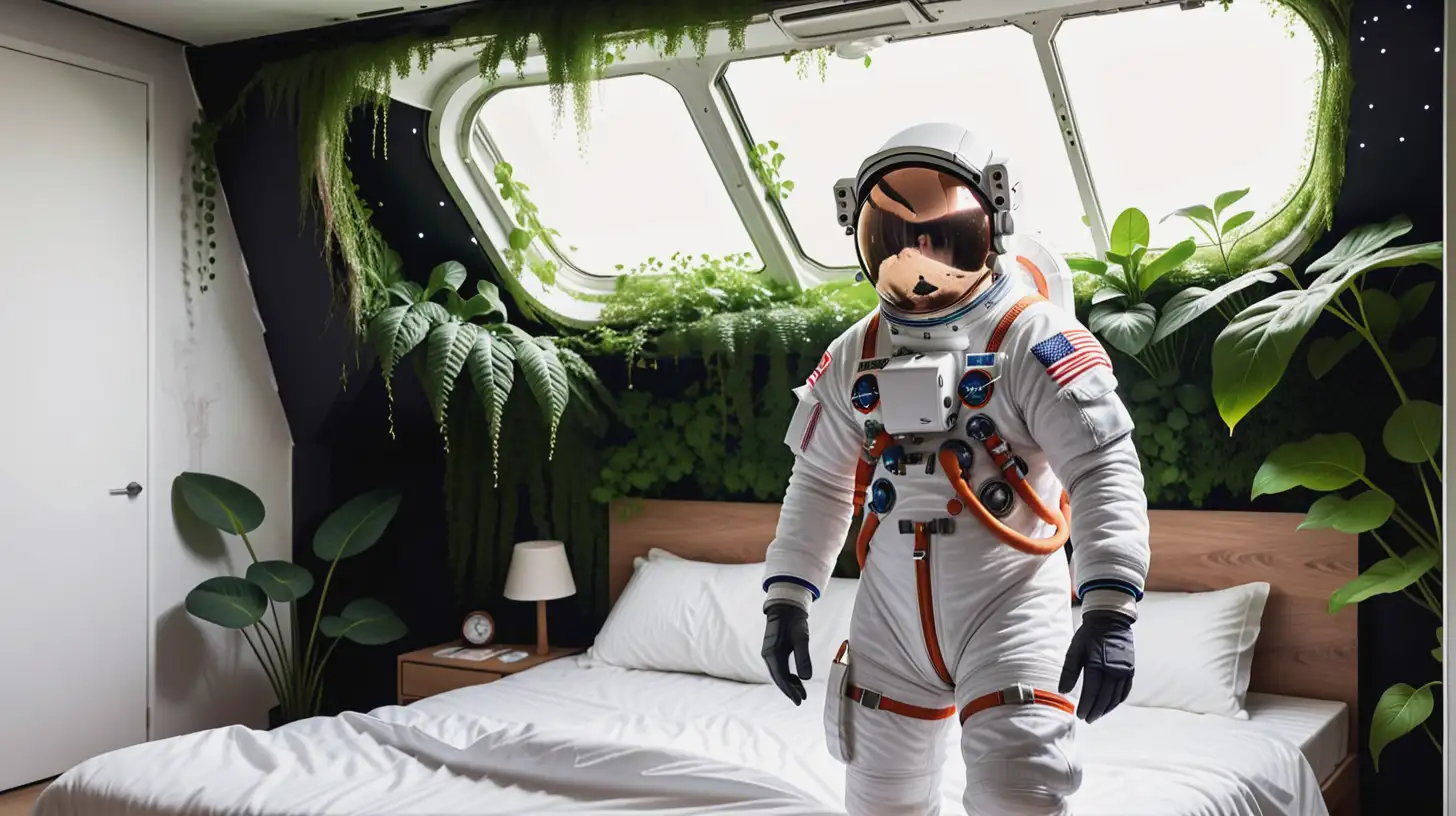 astronaute dans une chambre à coucher couverte de végétation avec le mur effondré