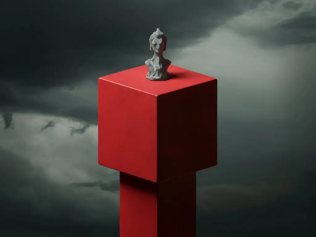 Красный длинный параллелепипед на котором стоит статуэтка