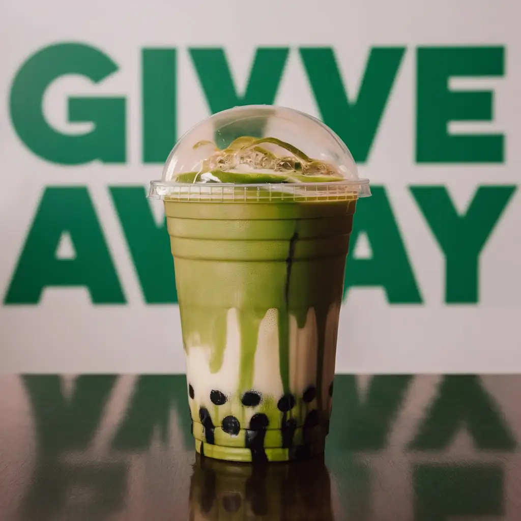 medium matcha boba in a clear plastic cup with wide straw, not protruding, and the content of the cup, with 'Give Away' in neon letters in green at the bottom