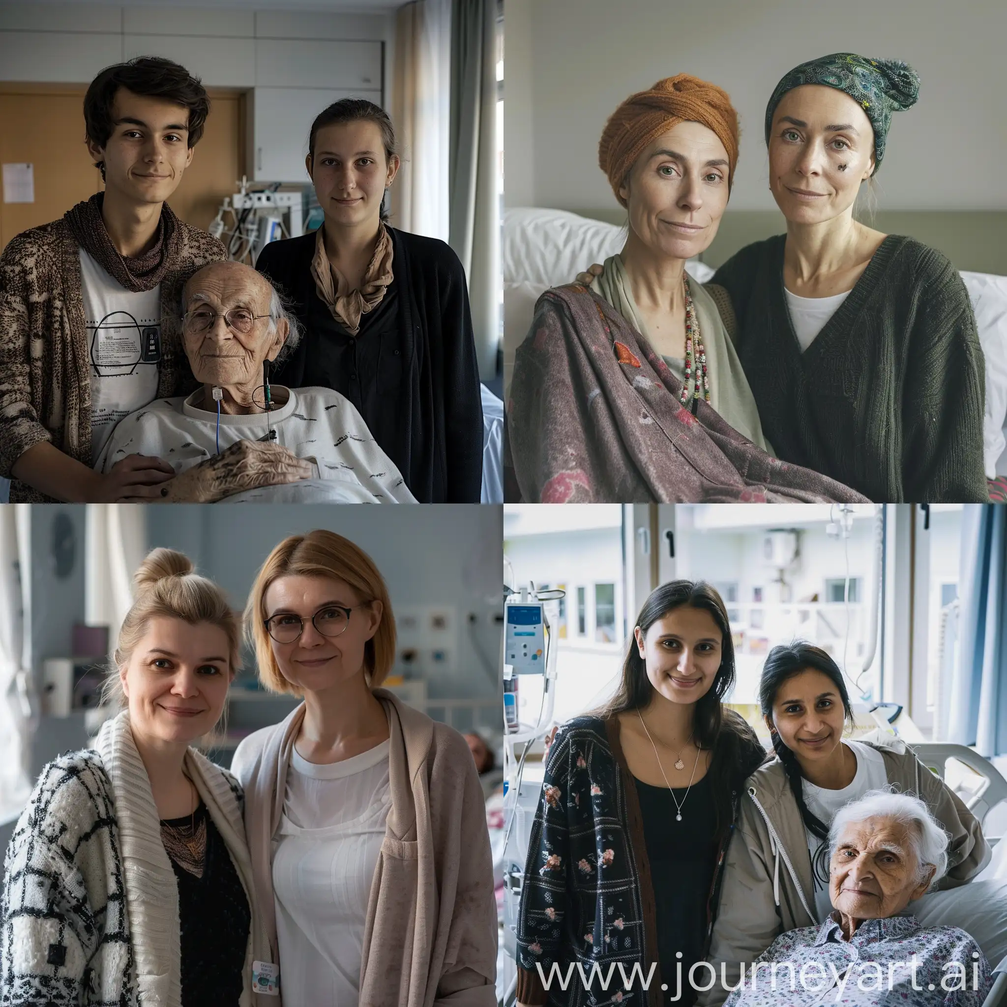 I want a photo of a person who visits people with cancer and helps them, but the photo should be like me, for example, and very natural. This image should attract the attention of people supporting social projects. May this photo be such that a person is standing next to cancer patients
