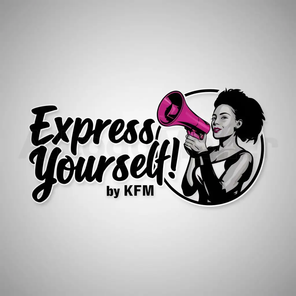 a logo design,with the text "Express Yourself! By KFM", main symbol:a woman holding a bullhorn,Moderate,clear background