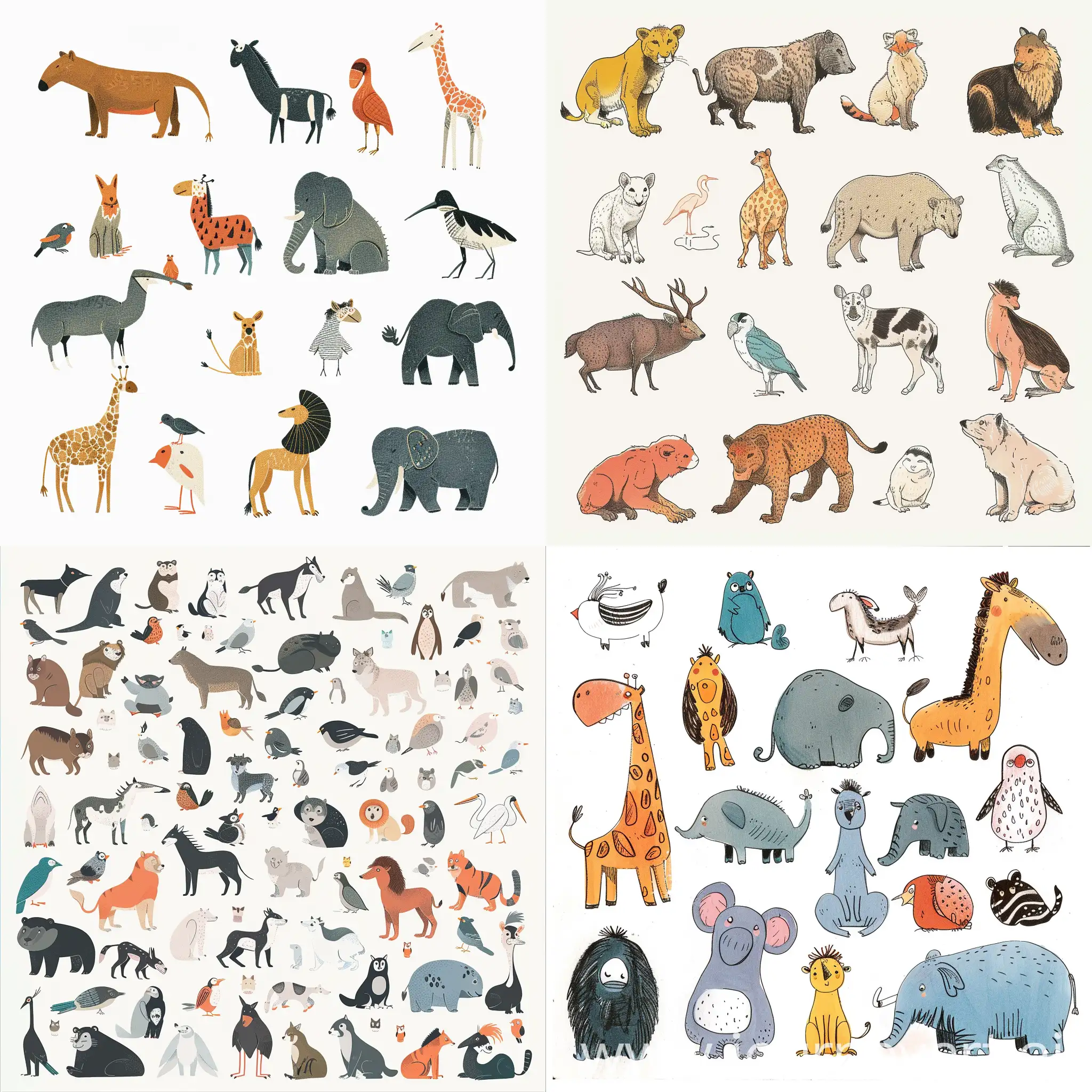 Draw a picture of various animals in the style of Oliver Jeffers. Use subtle colors, simple illustrations, and let your imagination flow fantastically. white back ground