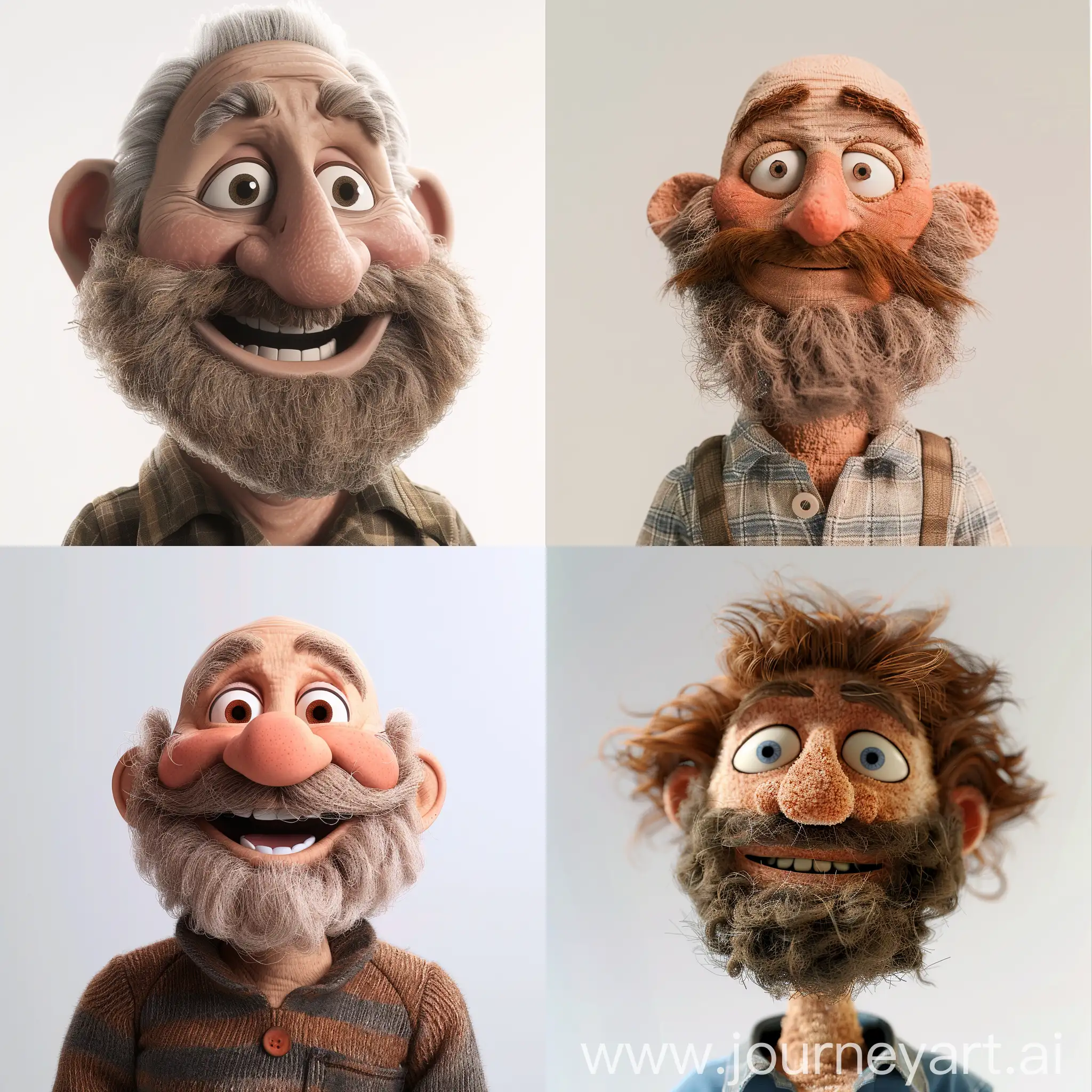 Happy 45 YEAR OLD BALD WHITE MAN WITH BEARD as a muppet style plush cloth style, Pixar fur, vray renderer, puppet FLUFF style, puppet brown hair, puppet eyes, white background 