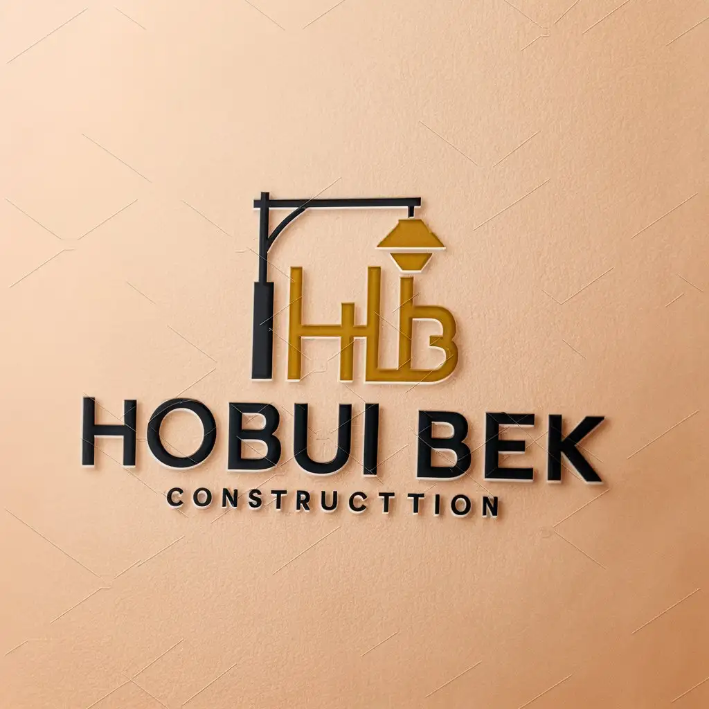 a logo design,with the text "Hobui Bek", main symbol:minimalistic original logo. The letters 'H' and 'B' in the form of street lamps. A symbol of lighting, a classic street lamp. Warm yellow shades + dark blue. On a white background,Minimalistic,be used in Construction industry,clear background