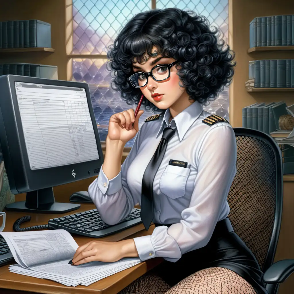 mystical fantasy image woman with short black curly  hair wearing a secretary uniform with papers in her hand and glasses , she has fishnet tights on and she is sitting around the computer and is peering from on top of her glasses