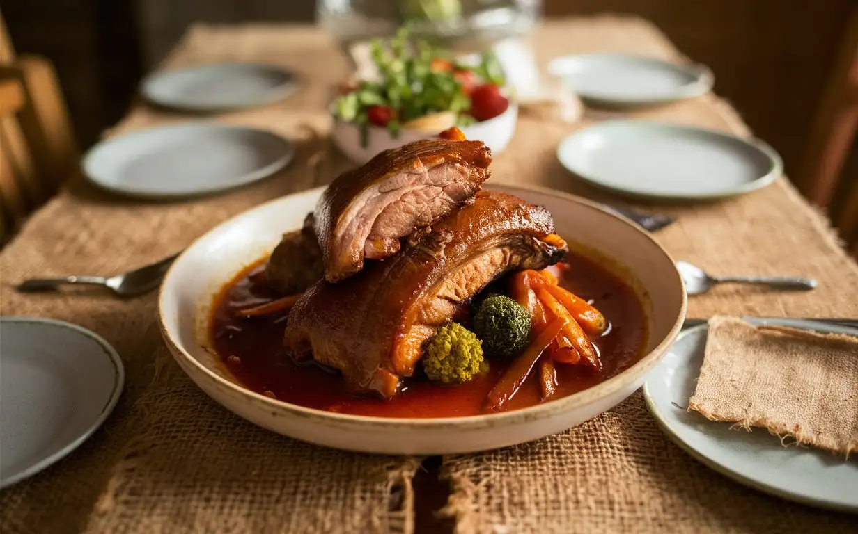 A portion of home-cooked braised pork belly on a cozy family dining table, photographed in a warm style, with soft indoor lighting, a frontal shot, and a cozy composition, highlighting the home-cooked flavor and the warm atmosphere.