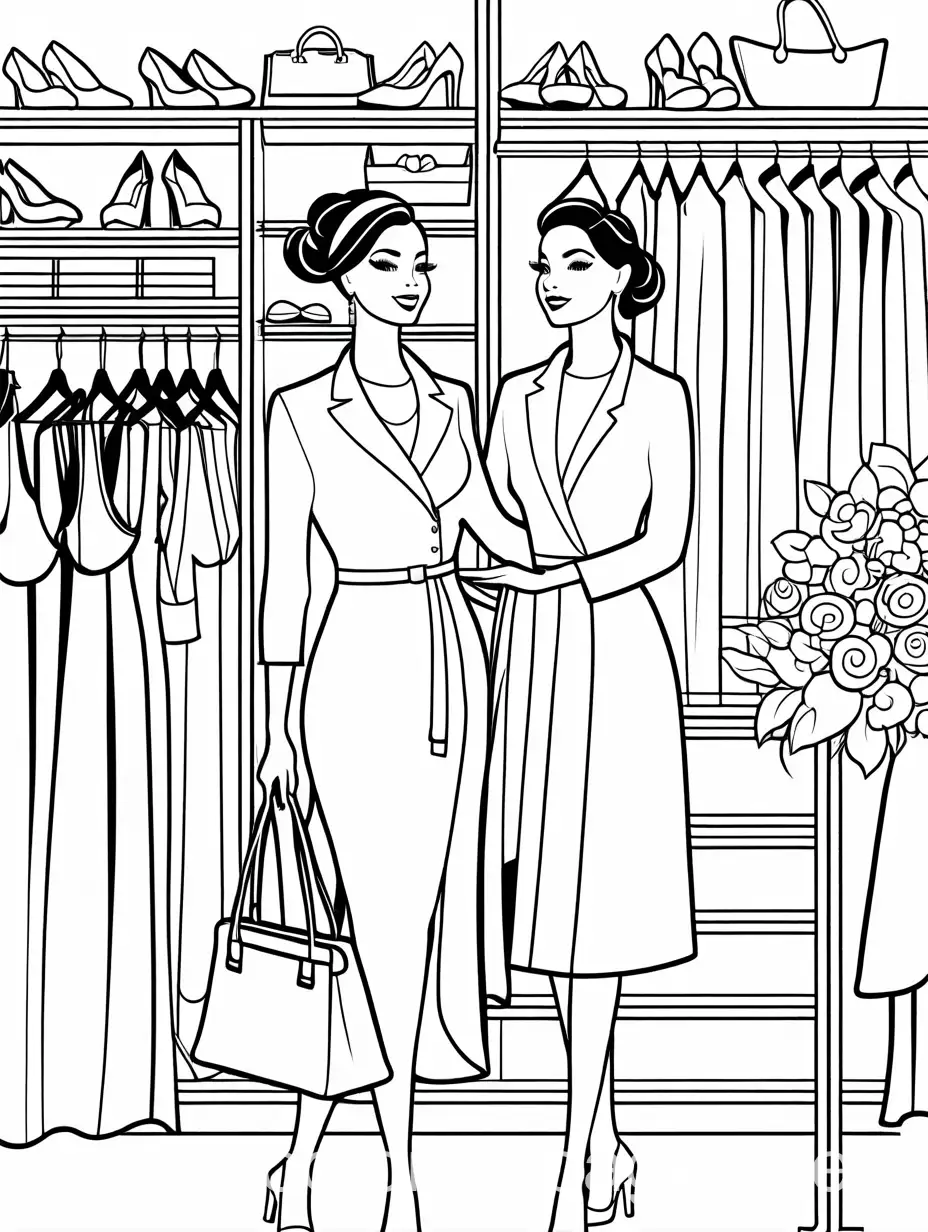 Depict a diva mother and her daughter surrounded by their impressive wardrobe, filled with stylish clothing, shoes, and accessories. Show them having fun with choosing the perfect attire and trying on new clothes. , Coloring Page, black and white, line art, white background, Simplicity, Ample White Space.