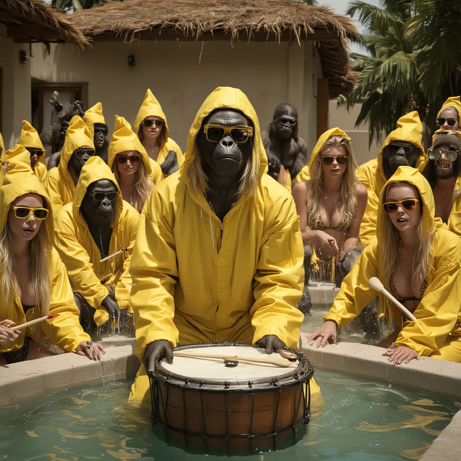 The gorilla is inside a huge jacuzzi surrounded by sexy blonde women in bikini. he is playing african percusion. The gorilla wears dark sunglasses and a YELLOW COLOR jumpsuit like the one in the Breaking Bad series. His head is covered by the yellow hood.
he is playing an african drum instrument. Close up. cinematic. FACING THE CAMERA. 