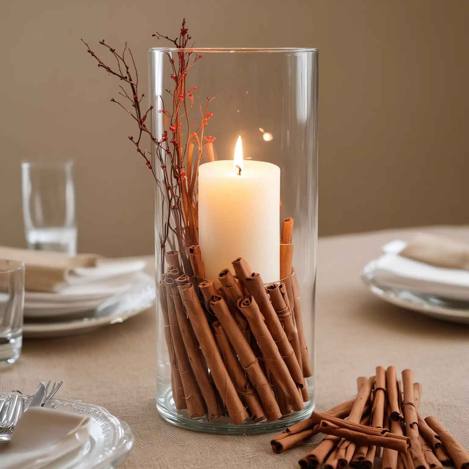 a simple DIY wedding centerpiece using a glass cylinder vase embellished with cinnamon sticks