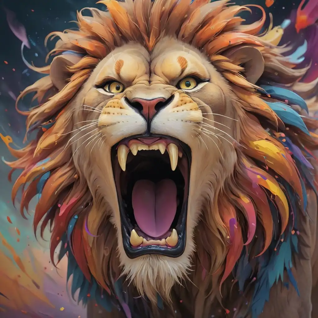 Vibrant Surreal Lion Roaring Amidst Colorful Swirls