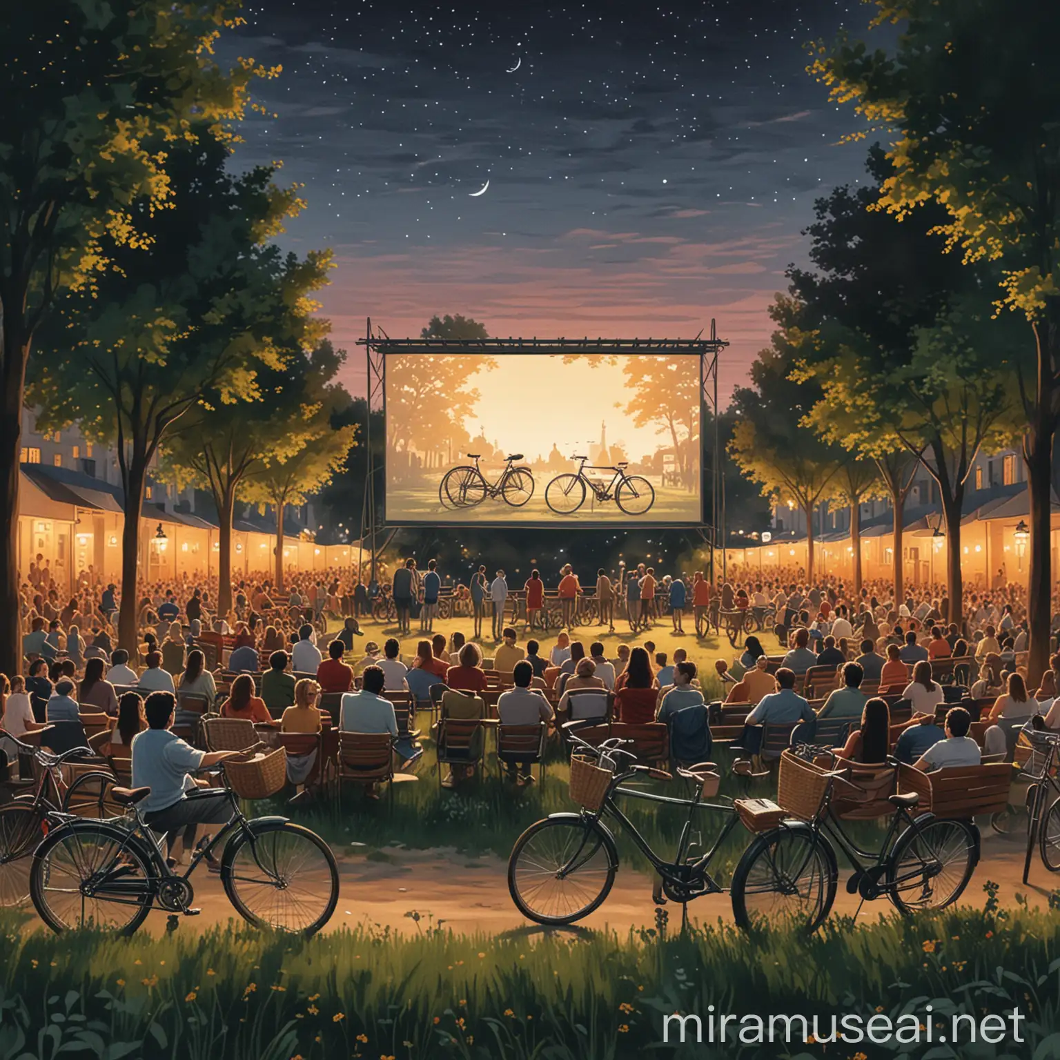 Bicycleriding Moviegoers Enjoying Open Air Cinema