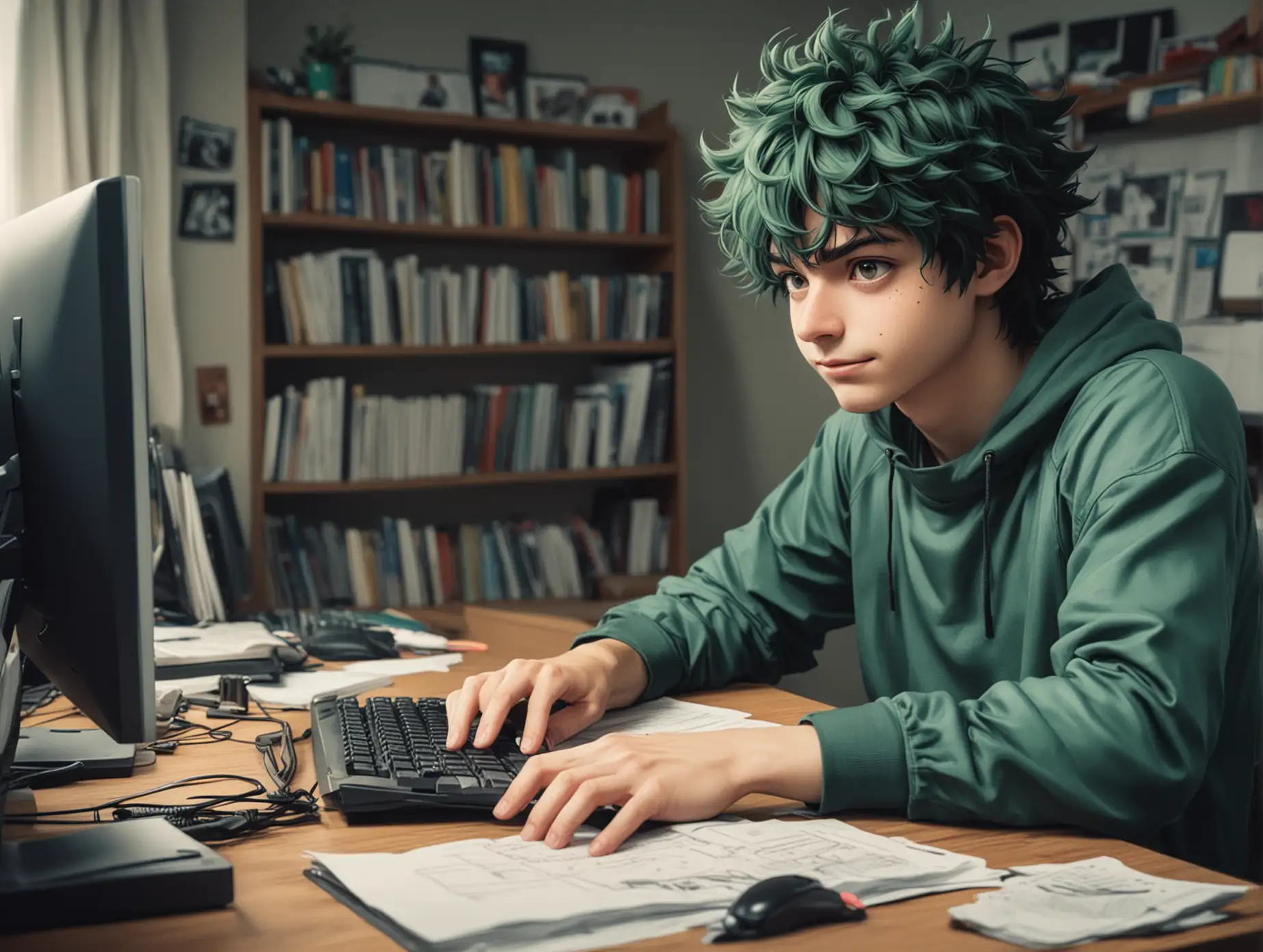 man, looks like Izuku Midoriya , is at home, on desk and works on his computer, in anime style