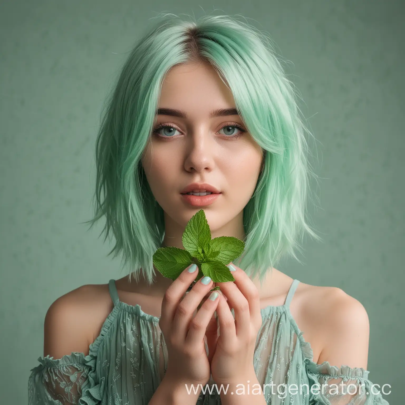 девушка модель 23 года красивая с волосом мятного цвета по пояс с мятой в руках
