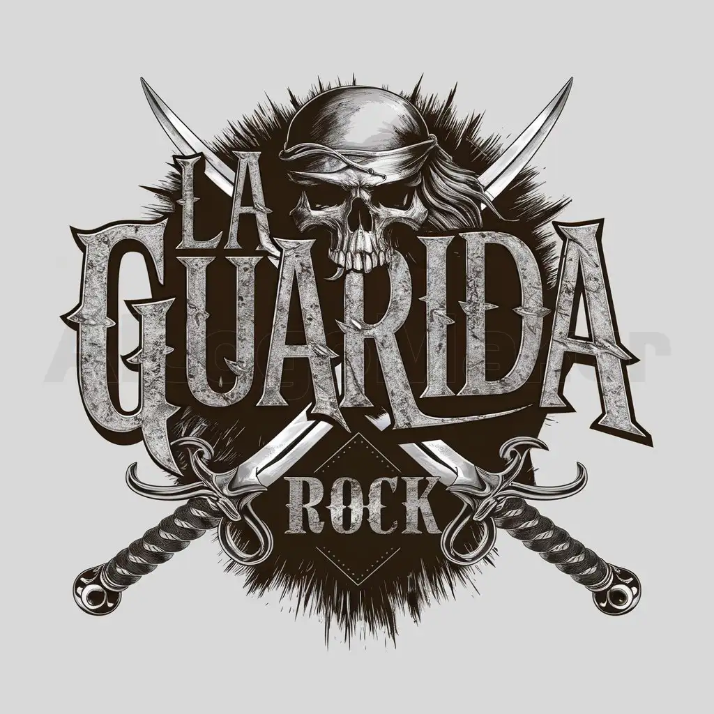 a logo design,with the text "La Guarida", main symbol:I want a skull in the background of the letters and a pair of rapiers below. I want it to convey that it is pirate's. It is for the logo of a Spanish rock band. I do not want there to be more text in the logo than 'La Guarida'.,complex,be used in Entertainment industry,clear background