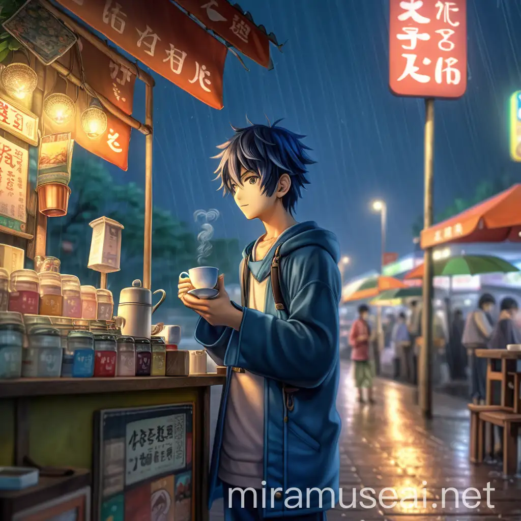 A anime character , at roadside tea stall. He's holding a tea cup. Evening scenery, rainy,vibrent, high resolution, detailed, less blurry,HDR image
