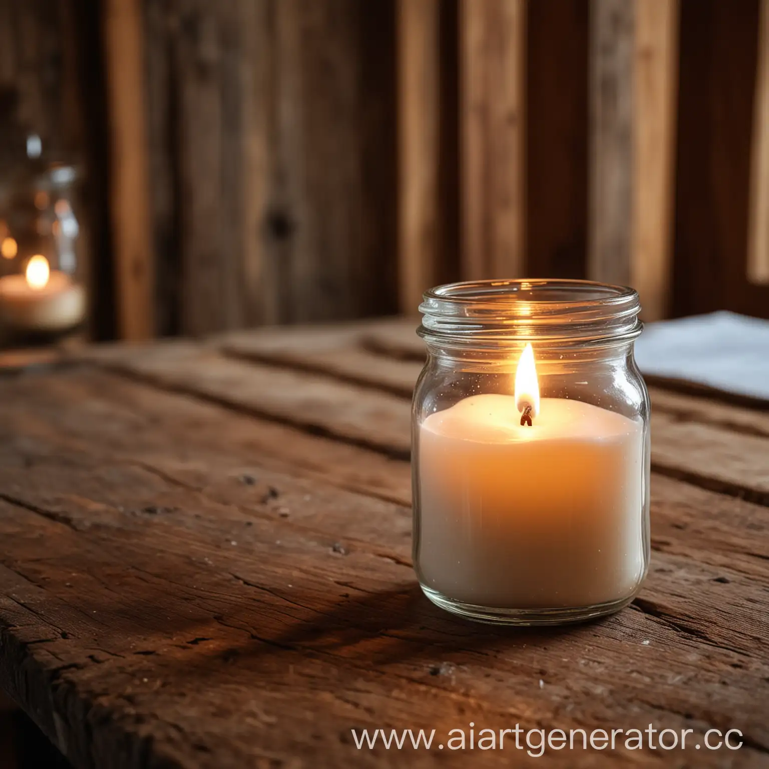 свеча в баночке стоит на деревянном столе в деревянном доме и все внимание фокусируется  на свече