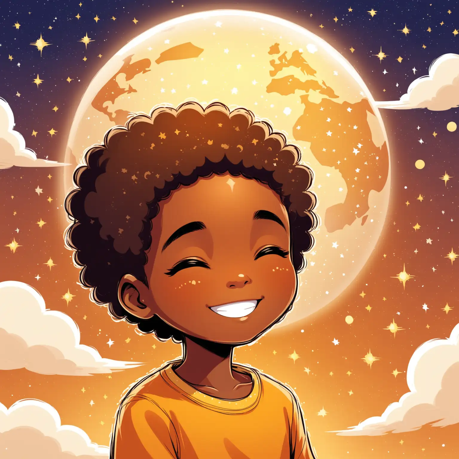 Illustrate an image of 7 year old african boy with short hair, smiling, dreaming about an united africa. Cartoon style.
