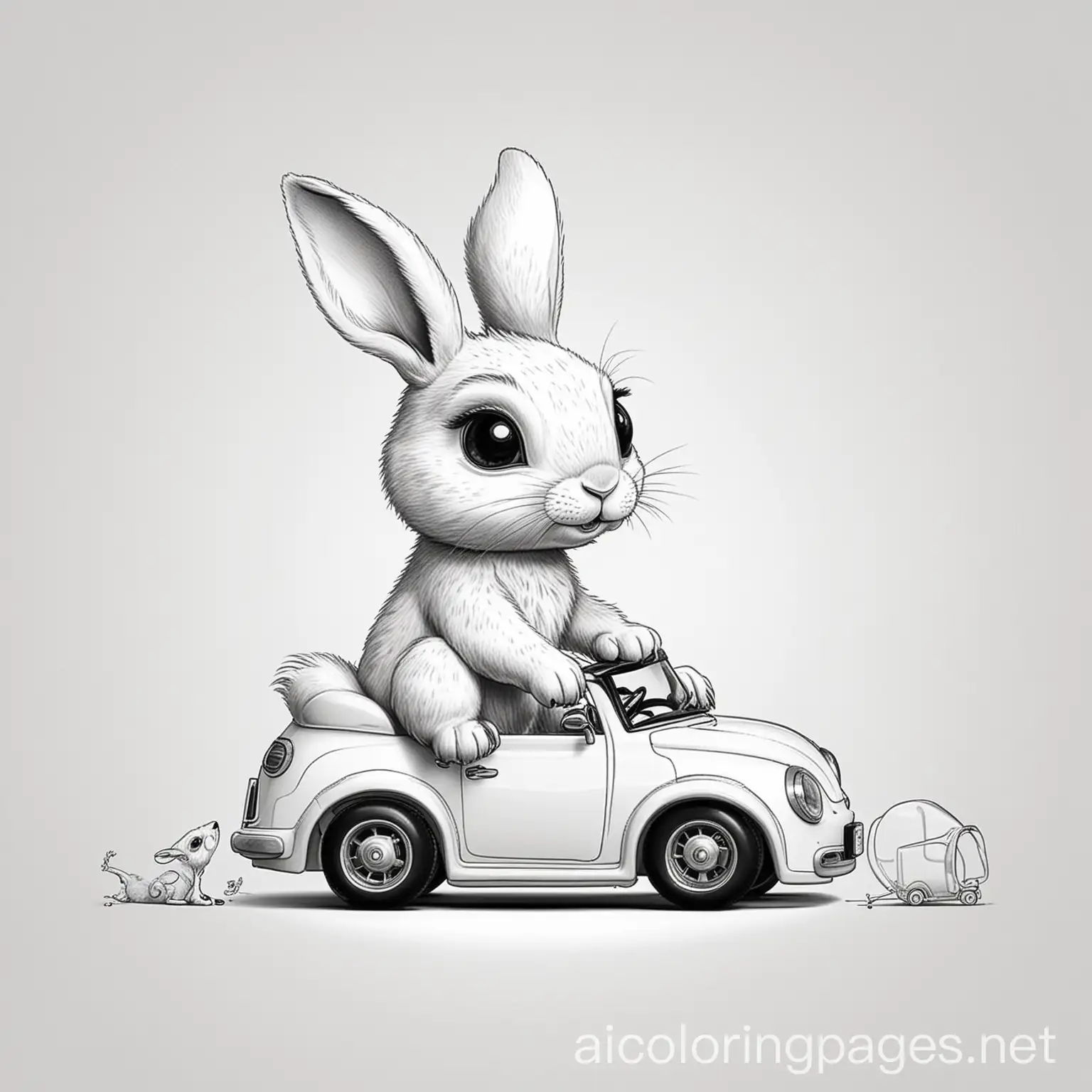 Cute hare plays with a toy car, Coloring Page, black and white, line art, white background, Simplicity, Ample White Space. The background of the coloring page is plain white to make it easy for young children to color within the lines. The outlines of all the subjects are easy to distinguish, making it simple for kids to color without too much difficulty