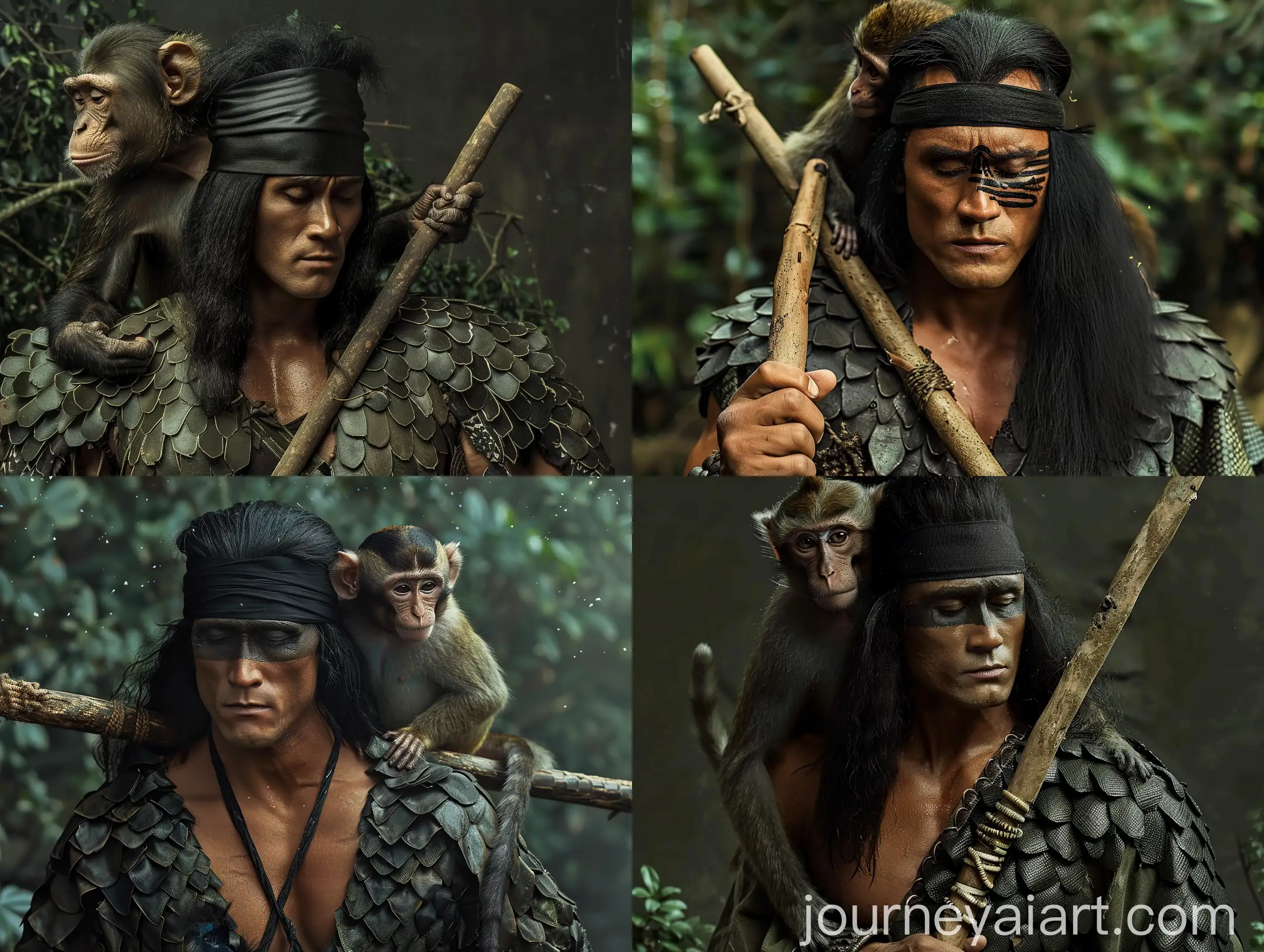Indonesian-Male-Warrior-with-Sleeping-Blind-Eyes-and-Monkey-Companion
