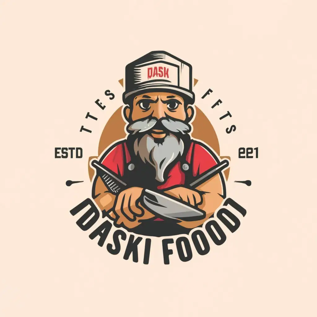 a logo design,with the text "Daski Food", main symbol:bearded chef in a baseball cap knives in his hands,complex,be used in cafe industry,clear background
