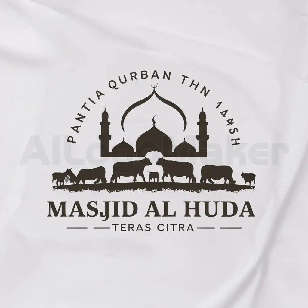 a logo design,with the text "Panitia Qurban Thn 1445H  Masjid Al Huda - Teras Citra", main symbol:cows and goats and a mosque background.,Moderate,clear background