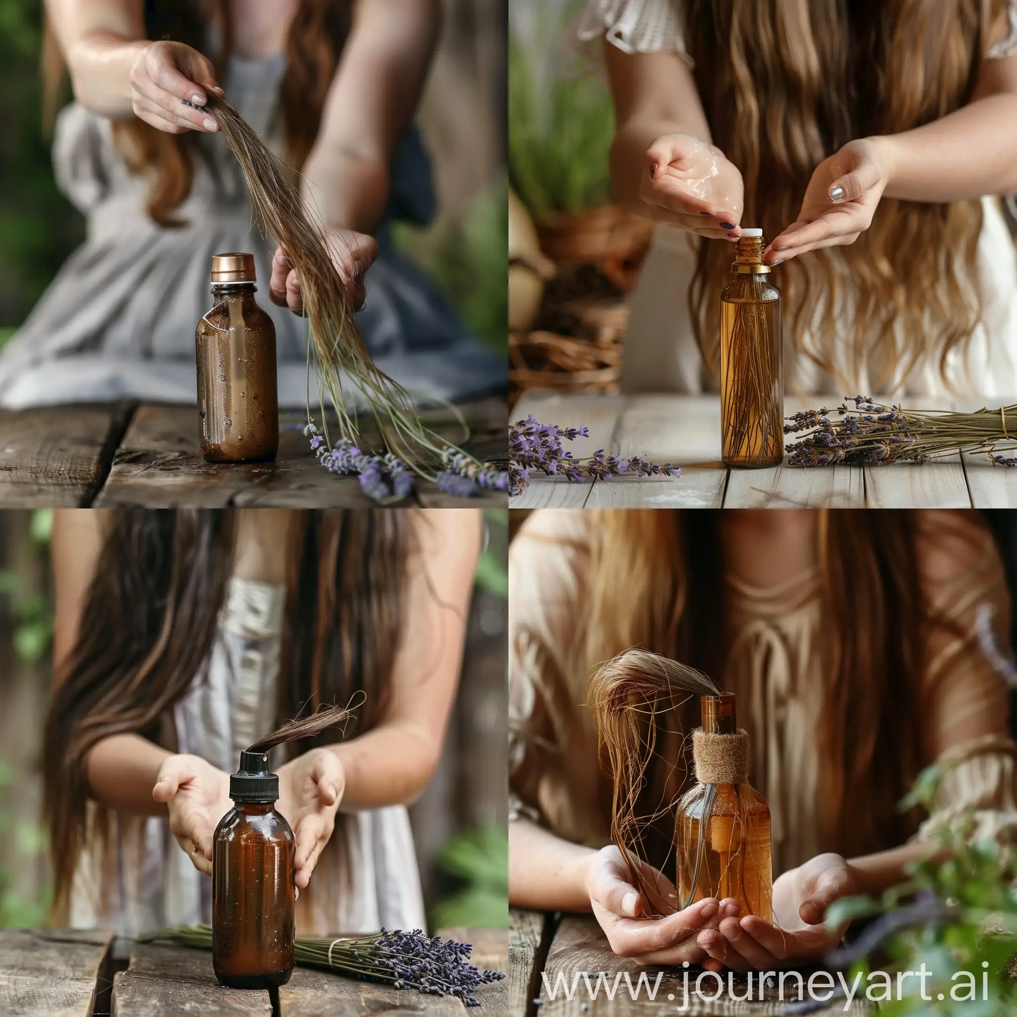Boho-Style-Girl-Holding-Lavender-Shampoo-Bottle-on-NatureInspired-Table