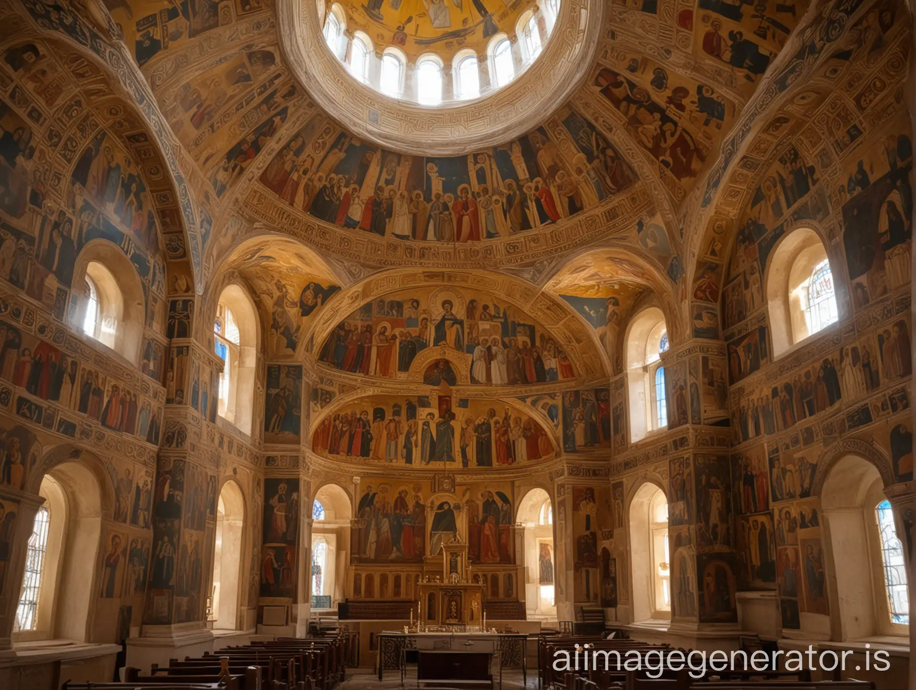 the interior of a 17th century Greek Orthodox cross-domed church with wall paintings and an ornate iconostasis. Sunlight streams in through the windows.