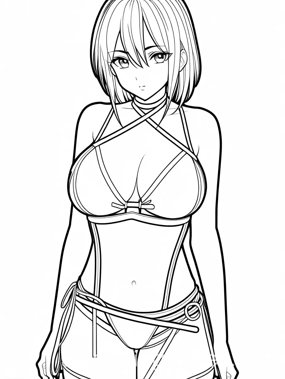 sexy anime girl bondage, Coloring Page, black and white, line art, white background, Simplicity, Ample White Space. The background of the coloring page is plain white to make it easy for young children to color within the lines. The outlines of all the subjects are easy to distinguish, making it simple for kids to color without too much difficulty