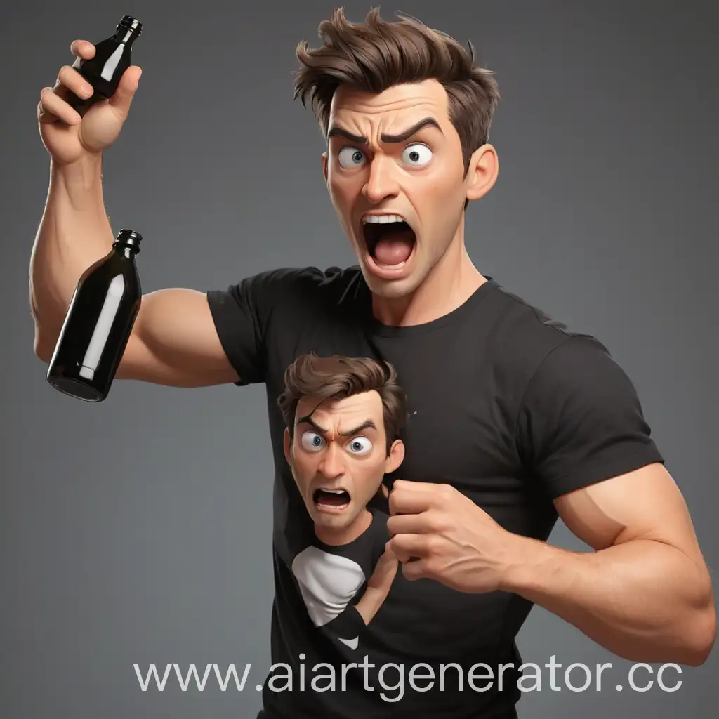 Cartoonish-Attractive-Man-in-Black-TShirt-Throws-Bottle