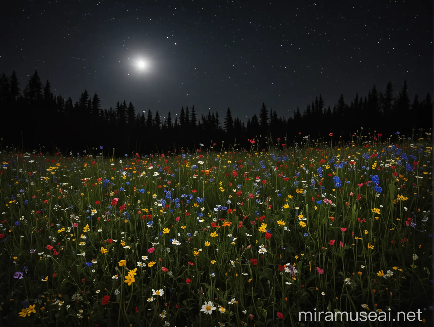 Vibrant Wildflowers Blossoming Under the Moonlight