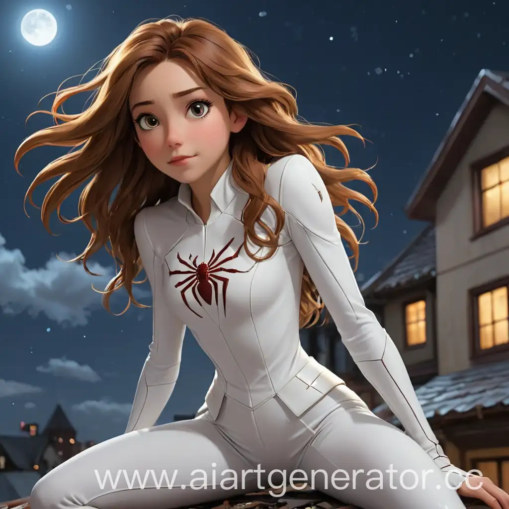  Ночное небо, крыша, Девушка-паук в белом костюме с  длинными каштановыми волосами, рядом Железный Человек