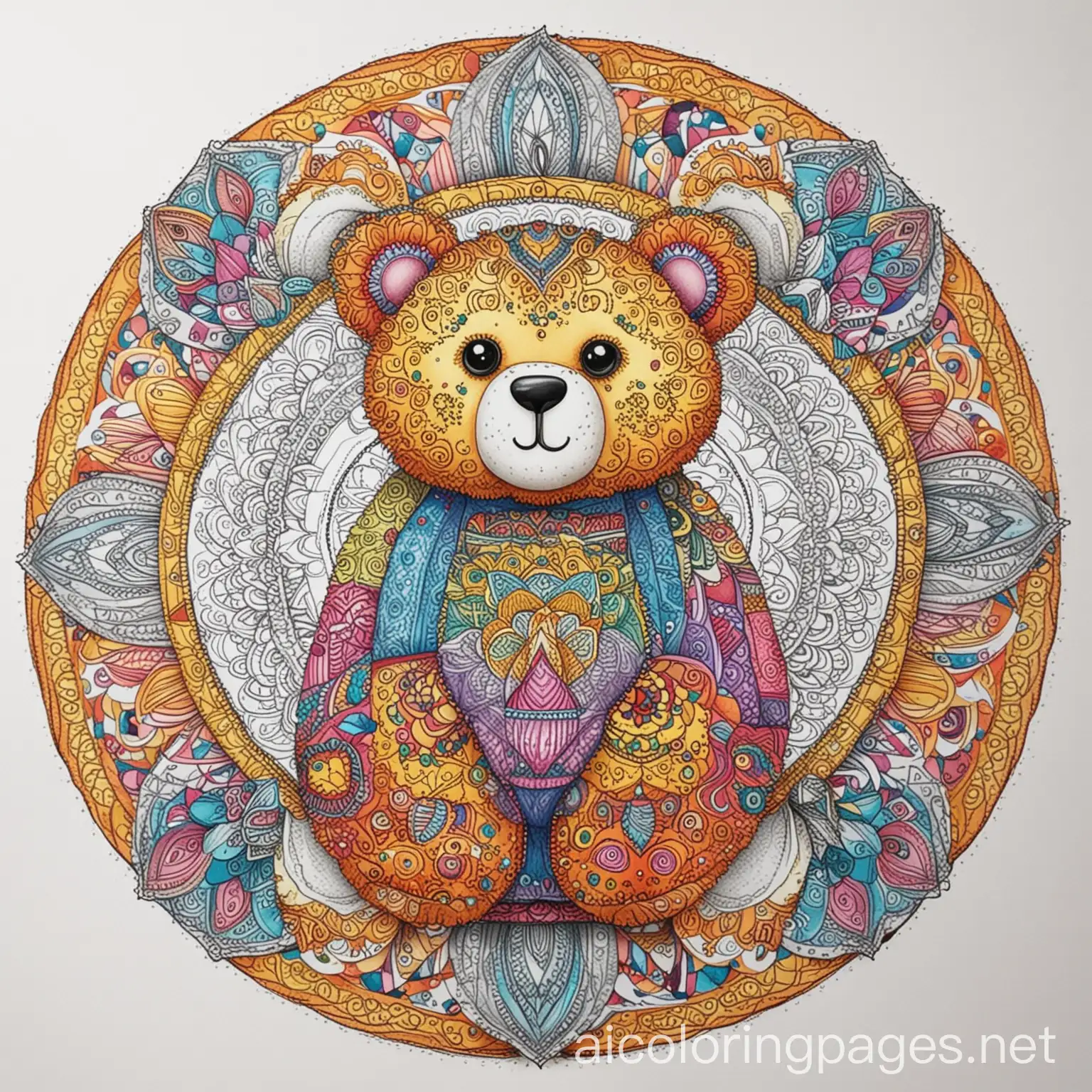 a colorful bright colored mandala Teddy Bear Picture, Coloring Page, black and white, line art, white background, Simplicity, Ample White Space. The background of the coloring page is plain white to make it easy for young children to color within the lines. The outlines of all the subjects are easy to distinguish, making it simple for kids to color without too much difficulty