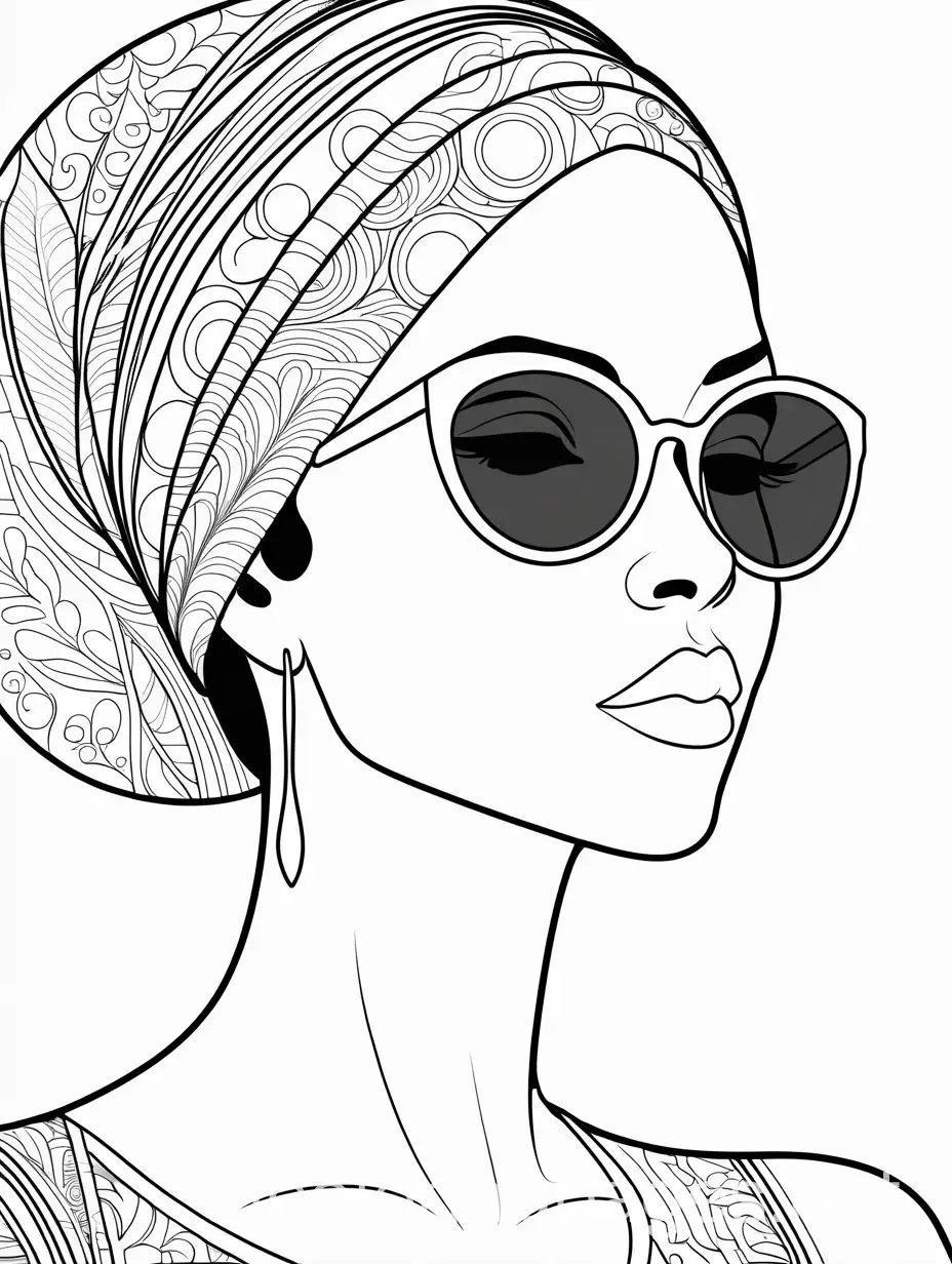 A  BEAUTIFUL AFRICAN AMERICAN WOMAN WITH SUN SHADES, Coloring Page, black and white, line art, white background, Simplicity, Ample White Space. The background of the coloring page is plain white to make it easy for young children to color within the lines. The outlines of all the subjects are easy to distinguish, making it simple for kids to color without too much difficulty