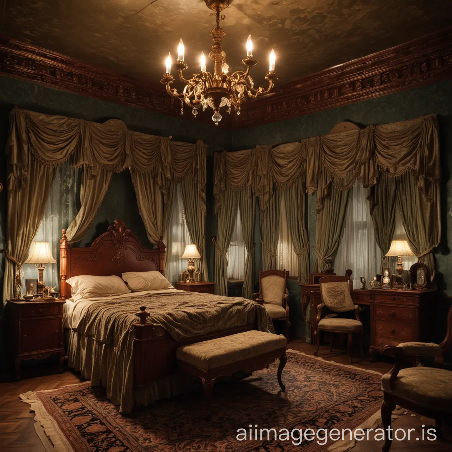Victorian-Era-Bedroom-at-Night-with-Antique-Furnishings-and-Dim-Candlelight