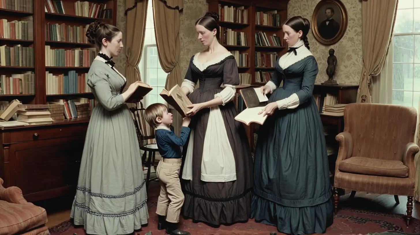 Two women raising a young boy in the 1850s. The background is a living room with books. 