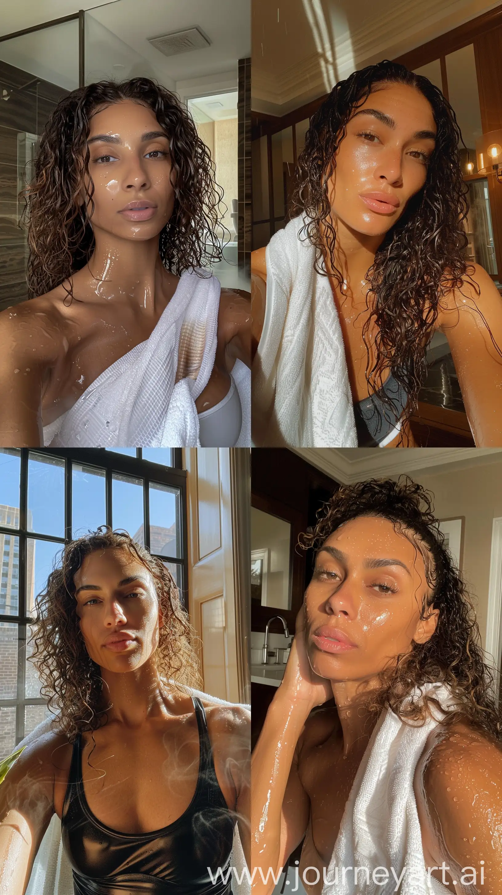 Aesthetic Instagram close up selfie of an toned WNBA player, in fancy New York apartment, steam, wet, curly hair, towel, tall, warm brown tones --ar 9:16