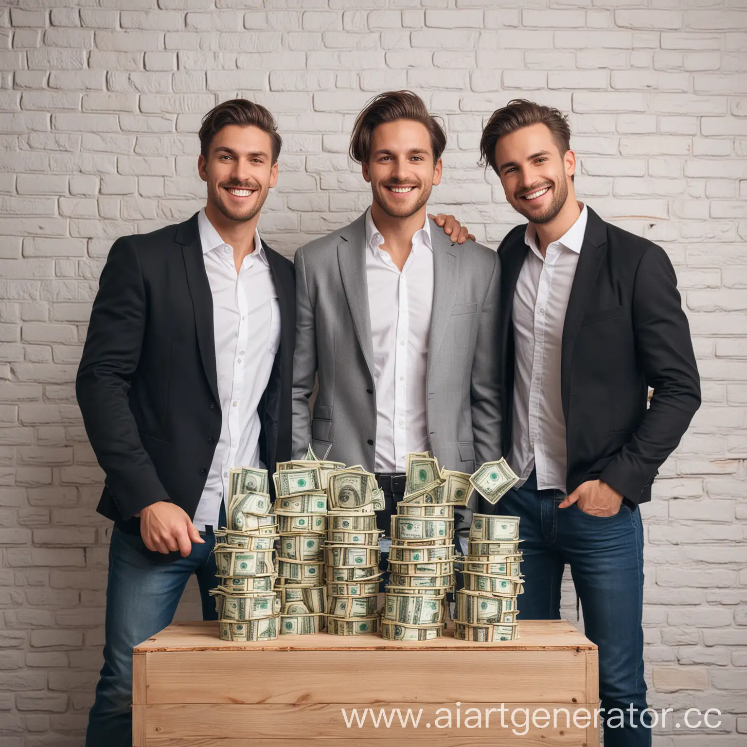 три друга мужчины строят бизнес деньги рост успех 
