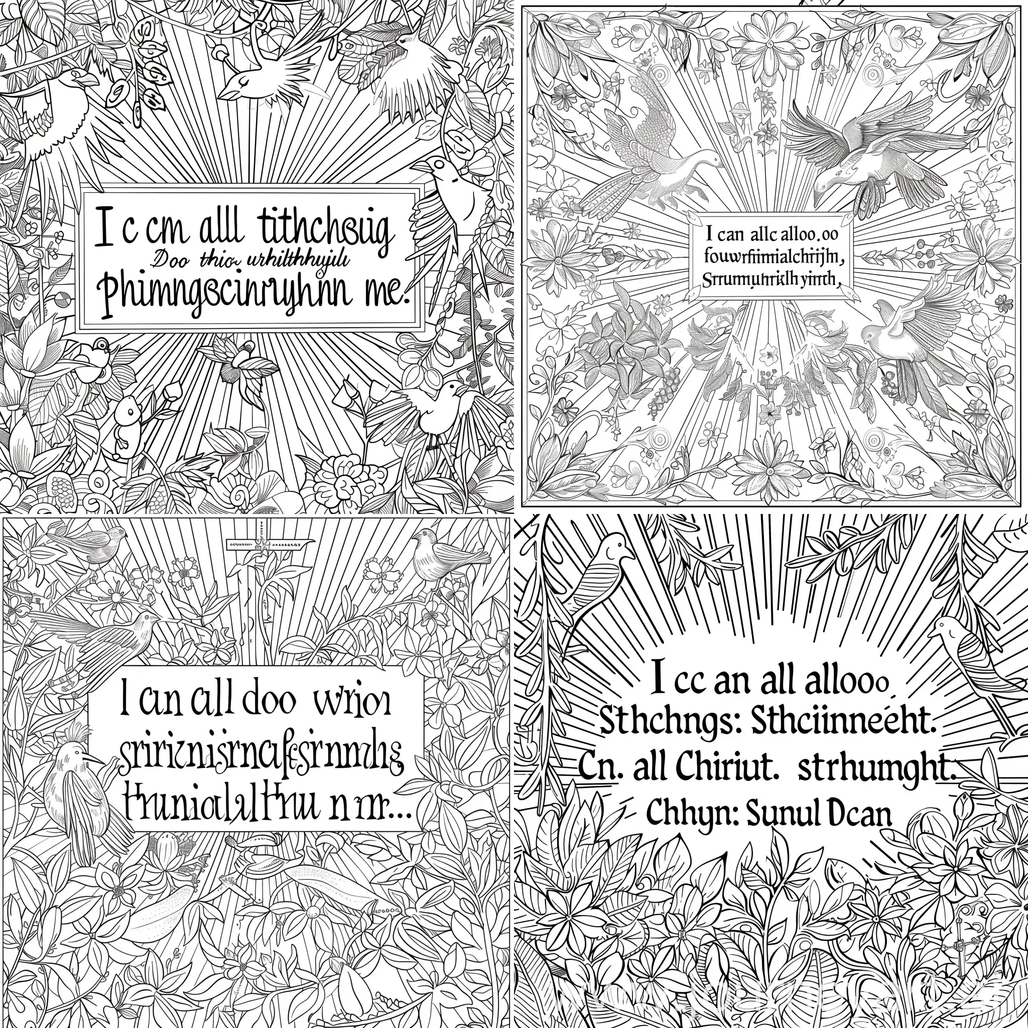 Create a coloring page design centered around the inspirational biblical text "I can do all things through Christ which strengtheneth me - Philippians 4:13." Place the text prominently in the center of the page, surrounded by intricate and uplifting patterns. Incorporate elements such as:  Floral motifs Vine and leaf patterns Soaring birds Sunrays or beams of light Crosses or other Christian symbols The design should be detailed and engaging, providing a calming and reflective coloring experience.