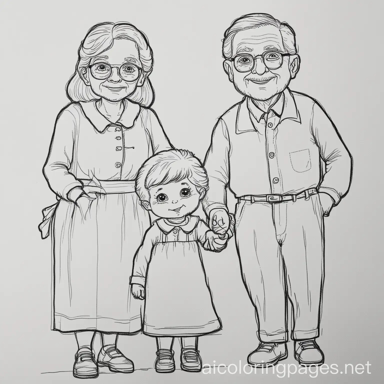 grandma and grandpa with kids, Coloring Page, black and white, line art, white background, Simplicity, Ample White Space. The background of the coloring page is plain white to make it easy for young children to color within the lines. The outlines of all the subjects are easy to distinguish, making it simple for kids to color without too much difficulty