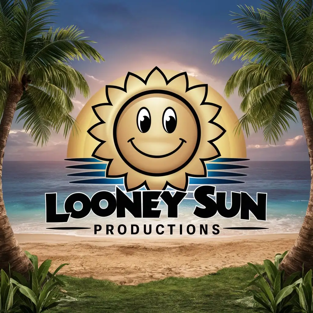 LOGO-Design-For-Looney-Sun-Productions-Tropical-Sunset-with-Playful-Sun-and-Coconut-Trees-in-Gold-Blue-and-Black