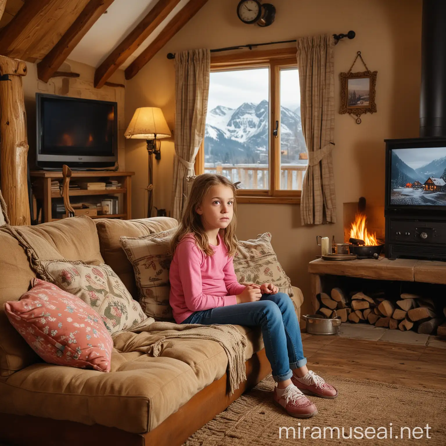 10 year old girl sitting on a sofa with pillows. Set in a cottage living room with a television, fireplace, stove and other mountain-style furnishings. Disturbing Armorosphere