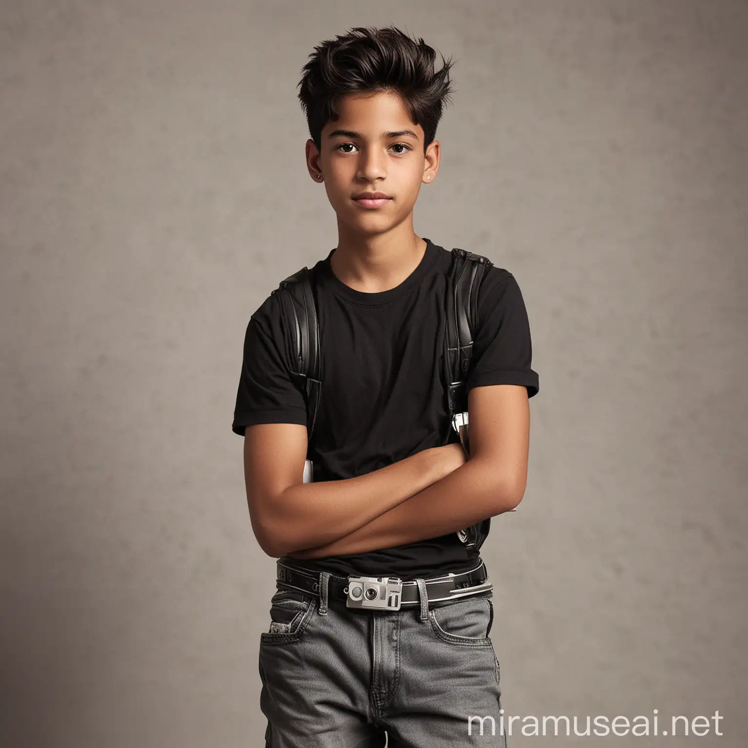 A Hispanic guy, 15-years-old, brown skin, dark black eyes and combed hair. He wears a black t-shirt, driving gloves, black and white lightly worn sneakers, light gray bermudas with a detachable black pocket hanging from a black belt over his right leg and has a camera around his neck. He carries an kind and intelligence aura.